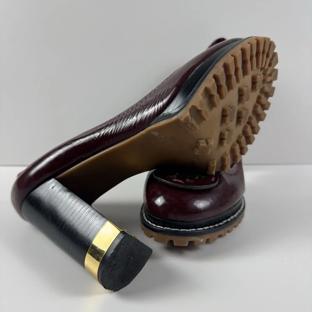 Tory Burch Leanne Burgundy Leather Lug Sole Block Heel Pump Size 7.5